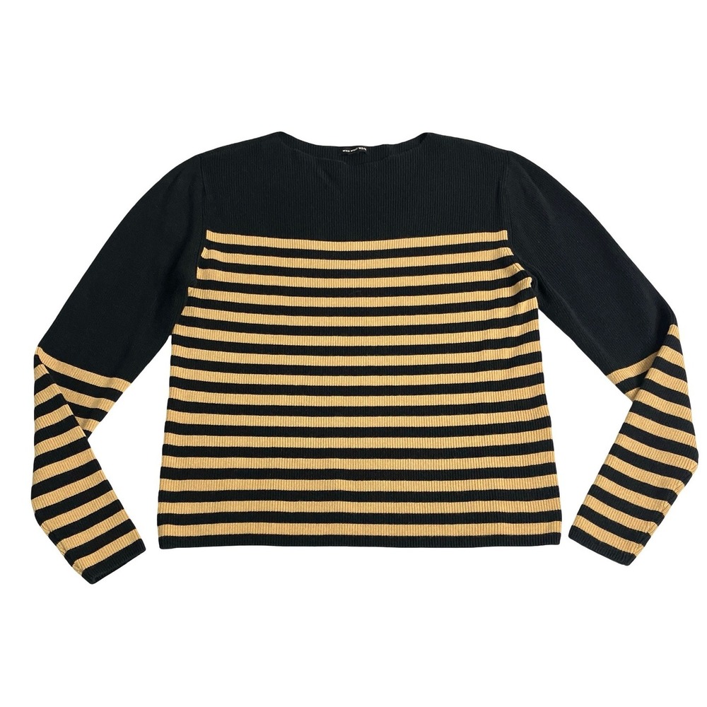 Who What Wear Sweater Womens Small Black Tan Striped Ribbed Knit Boat Neck Top